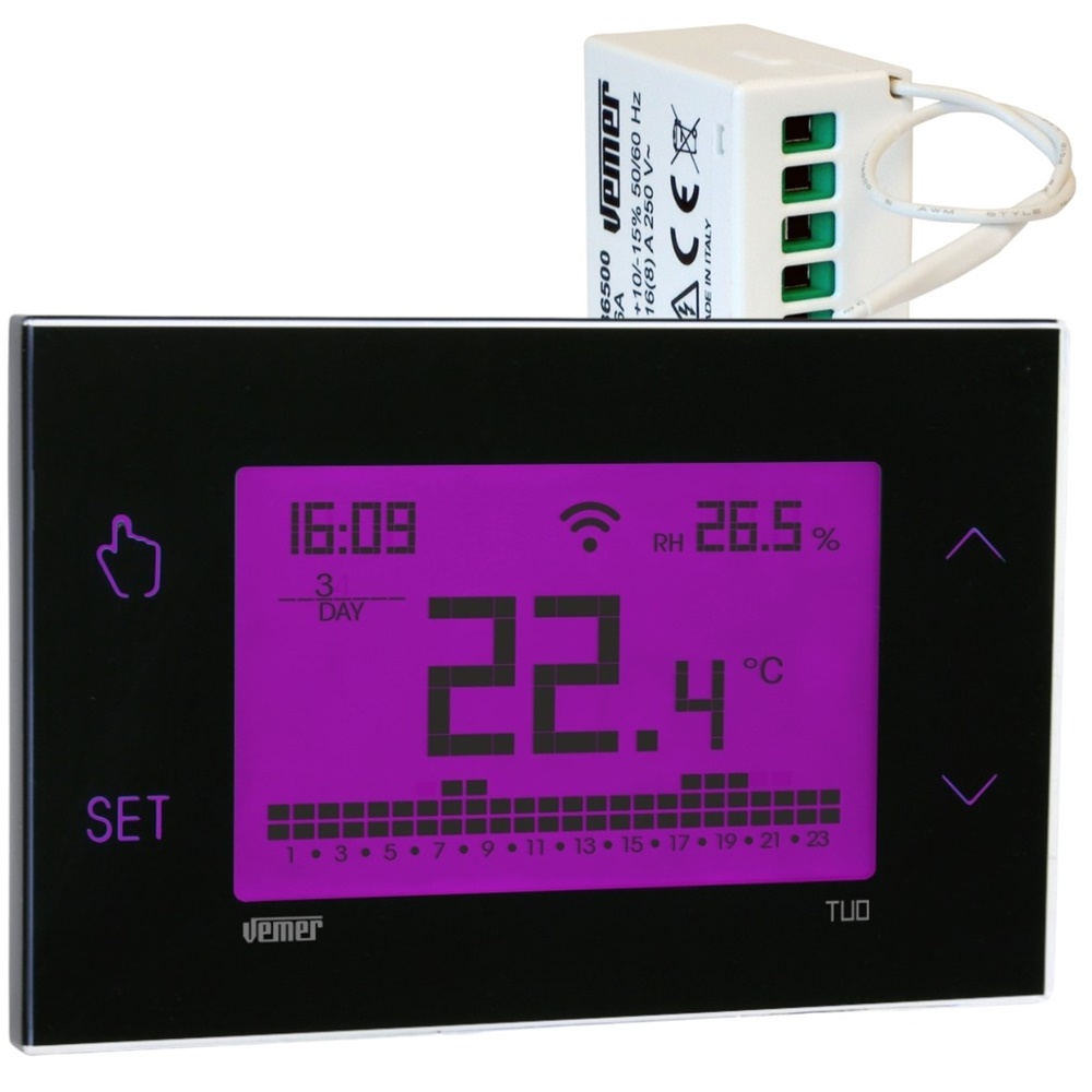 Cronotermostato touch screen Wi-Fi RF nero con attuatore remoto 16A per controllo riscaldamento e umidostato da parete