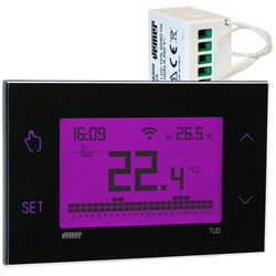 Cronotermostato touch screen Wi-Fi RF nero con attuatore remoto 16A per controllo riscaldamento e umidostato da parete
