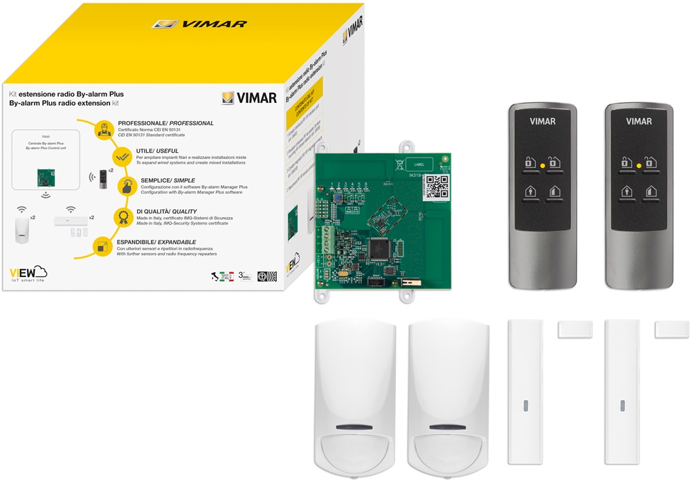 Kit estensione radio By-alarm Plus con interfaccia, rivelatori IR, contatti magnetici e telecomandi per installazione a parete