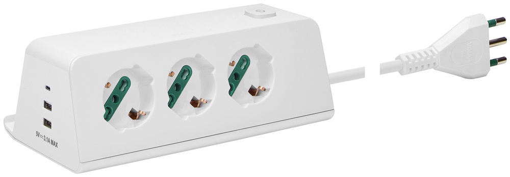 Presa scrivania multipla 3 uscite universali USB 3 porte wireless 10W bianco 2m cavo