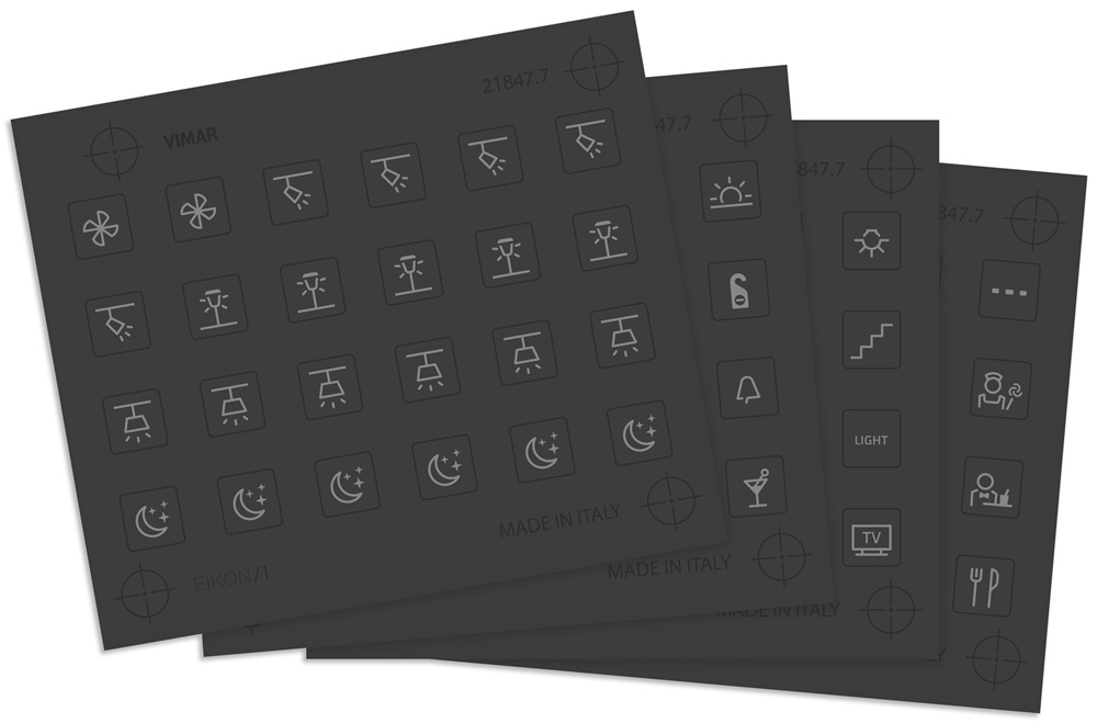 Etichette adesive simboli illuminabili 4 fogli personalizzazione comandi Eikon Tactil grigio