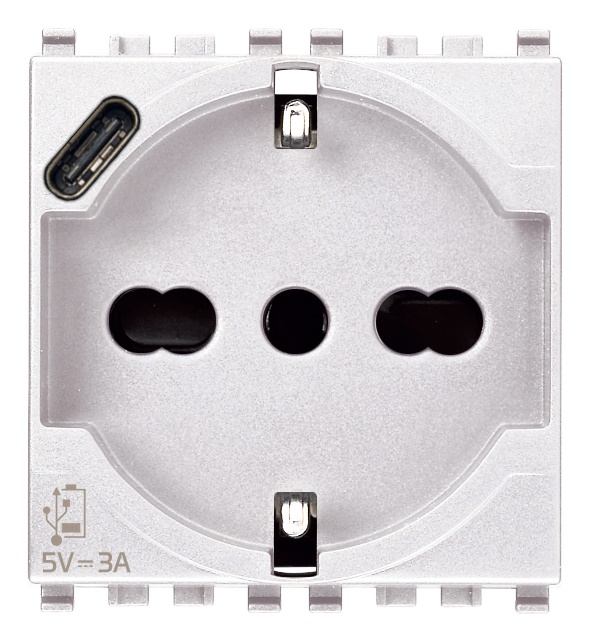 Presa 2P+T 16A universale con USB C 15W 3A 5V per uso domestico e ufficio bianco