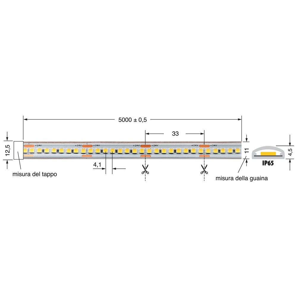 Striscia LED alta efficienza 20W/m 24V IP65 per installazioni esterne e umide
