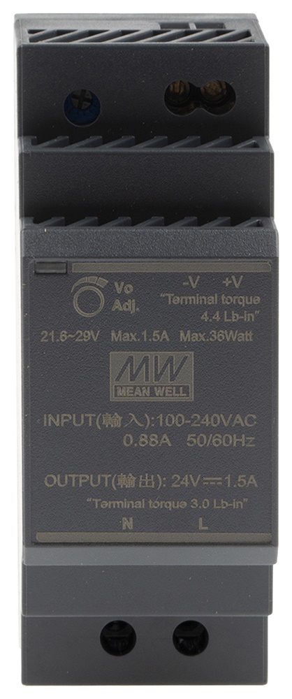Alimentatore 24Vdc 1,5A 100-240Vac Installazione su guida DIN per uso industriale