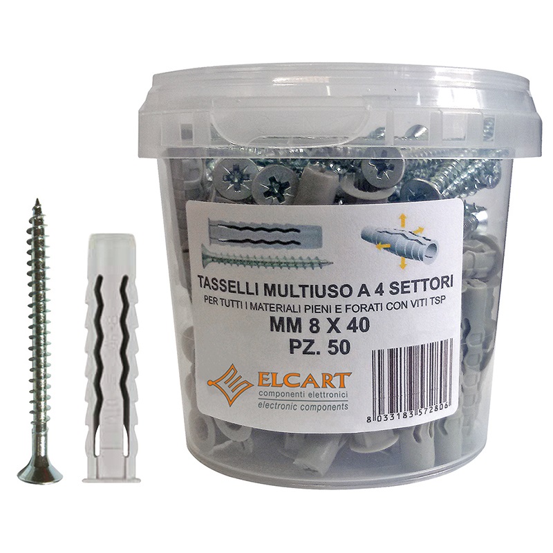 Tasselli plastica 6x30 mm quattro settori kit 100 pezzi con viti per impianti elettrici