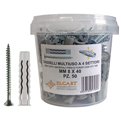 Tasselli plastica 6x30 mm quattro settori kit 100 pezzi con viti per impianti elettrici