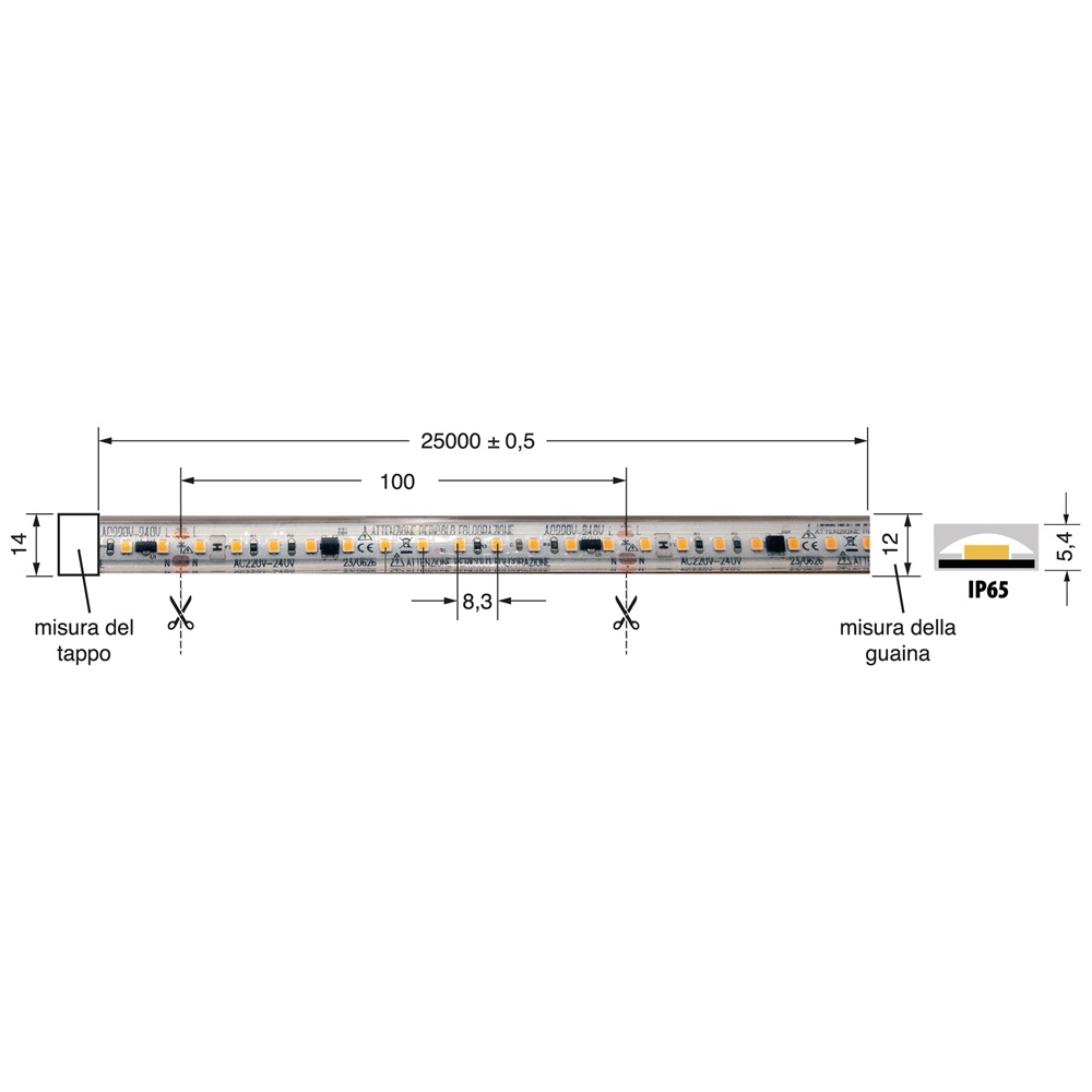 Striscia LED 17W/m 220V IP65 25m resistente polvere acqua interni esterni