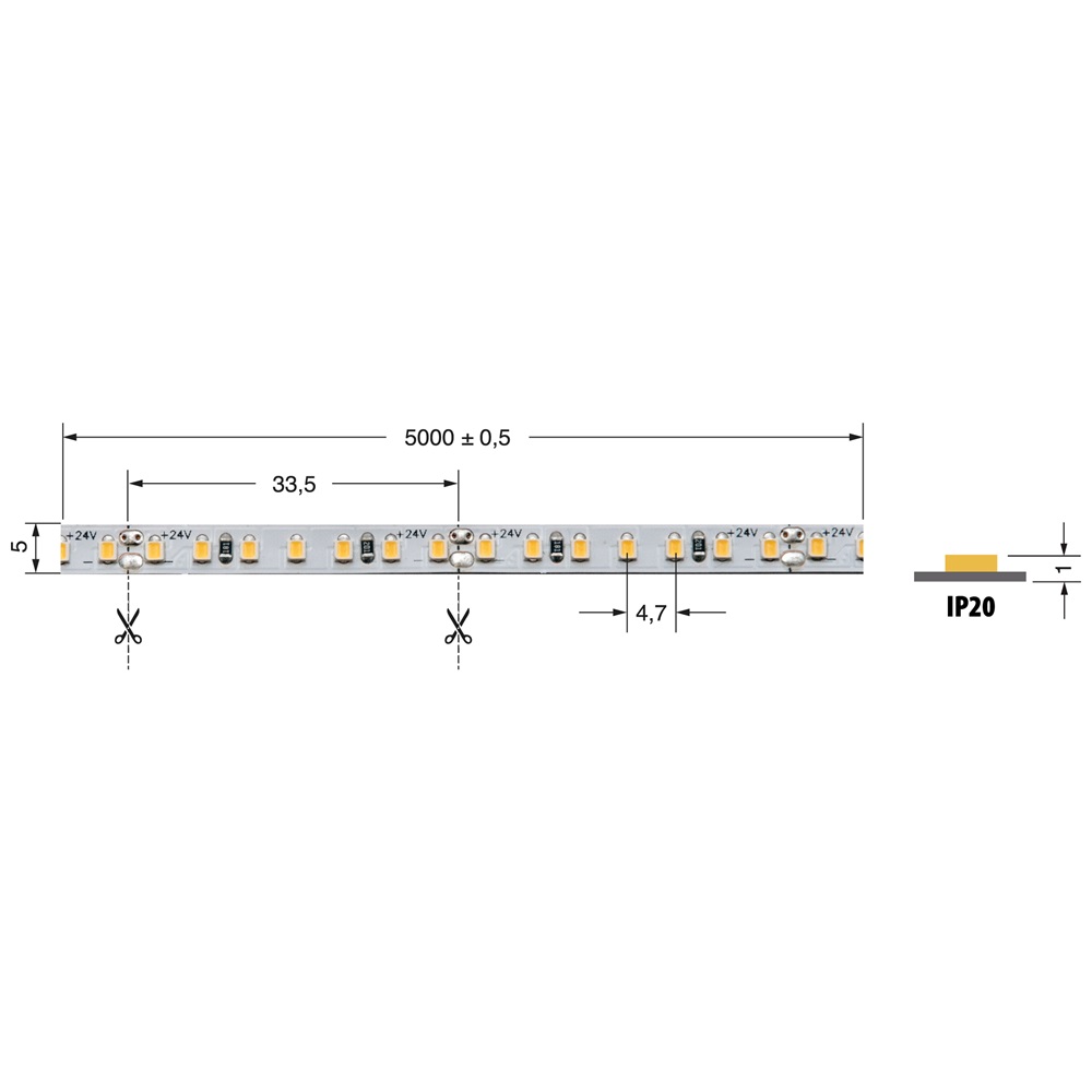 Striscia LED 5 mm 8,6 W/m 24 V IP20 CR90 illuminazione interna continua efficiente
