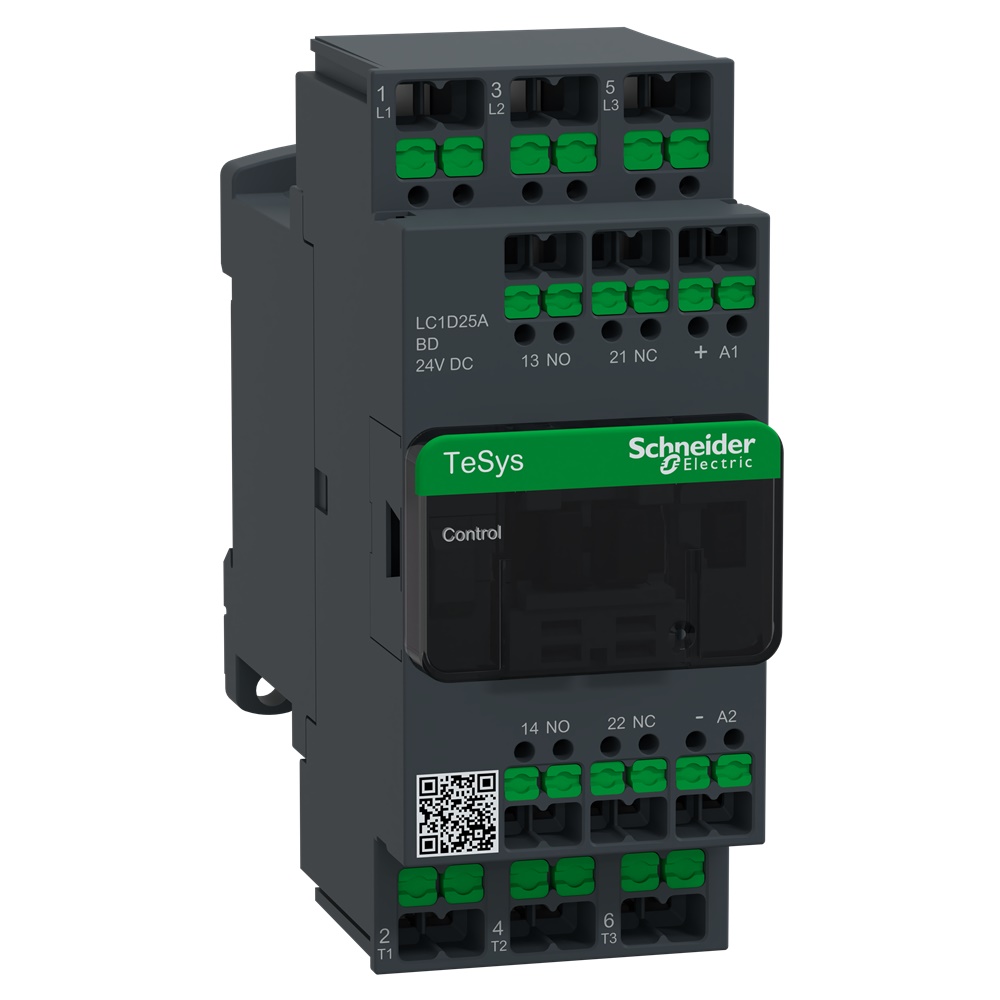Contattore TeSys Deca 3 poli 25A 24V CC terminali SNAP IN comando motori fino 11 kW 400V