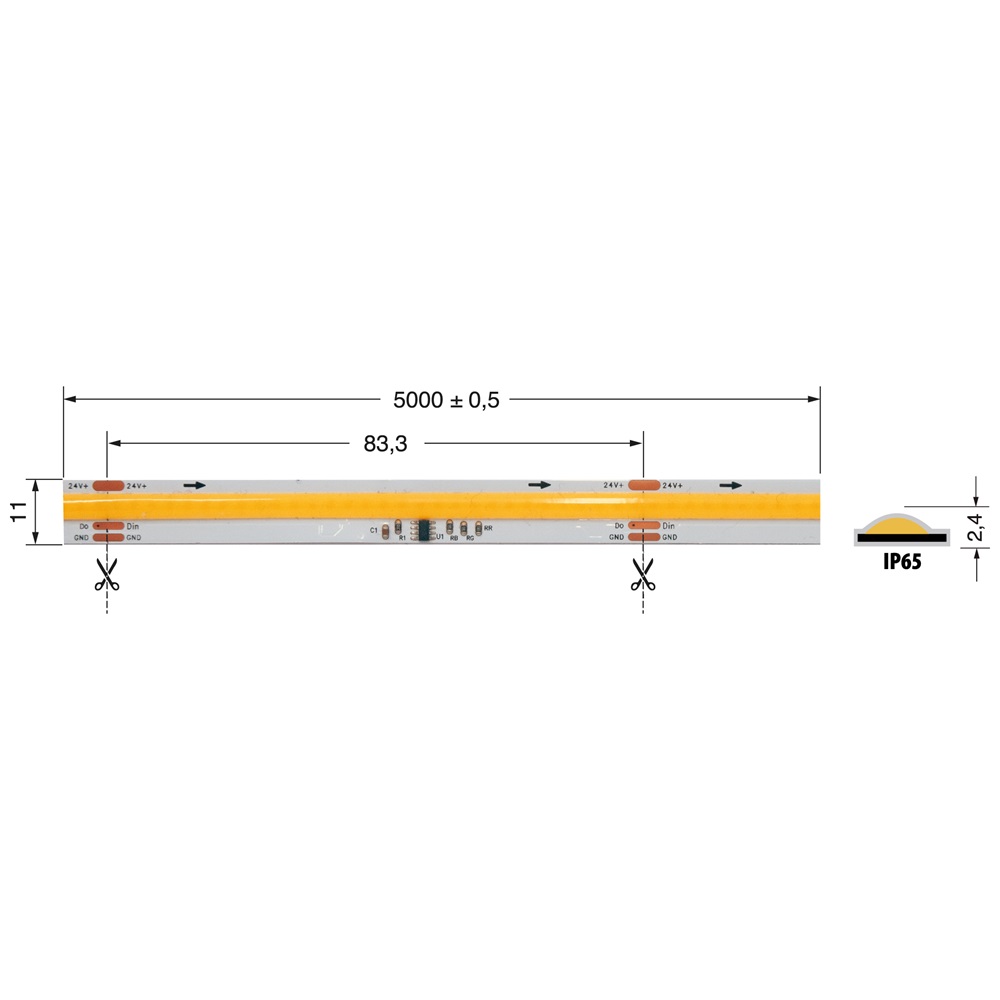 Striscia LED digitale 12W/m 4000K 24V IP65 per illuminazione interna ed esterna