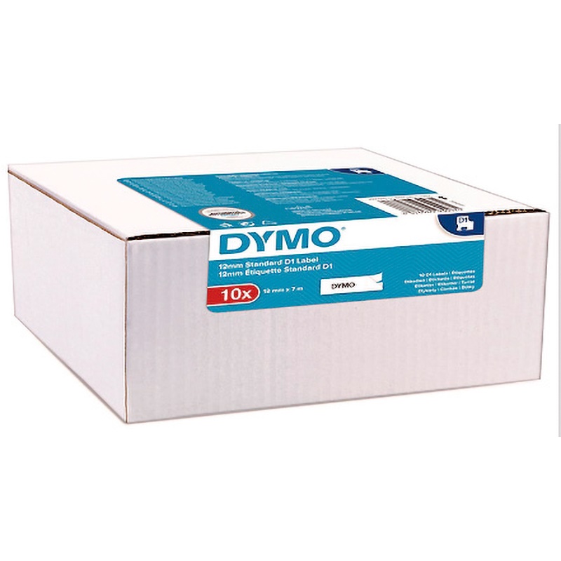 Nastri DYMO 12mm x 7m nero su bianco per etichettatura cavi componenti elettrici, confezione 10 pezzi resistente e leggibile