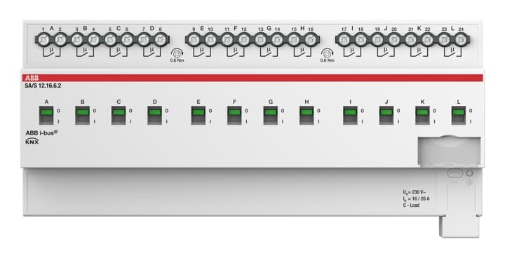 Attuatore KNX 12 canali 16A comando locale guida DIN automazione energetica residenziale e commerciale
