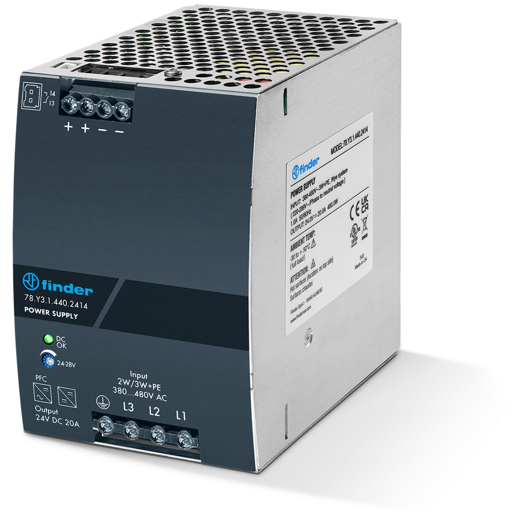 Alimentatore switching 20A 24VDC 480W trifase per guida DIN IP20