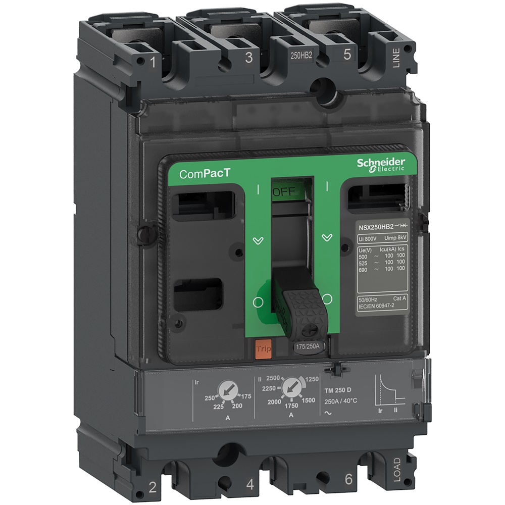 Interruttore ComPacT NSX250R 3 poli 250A 200kA 415VAC con sganciatore magnetotermico TMD, protezione sovraccarico e magnetica, applicazioni standard e navali