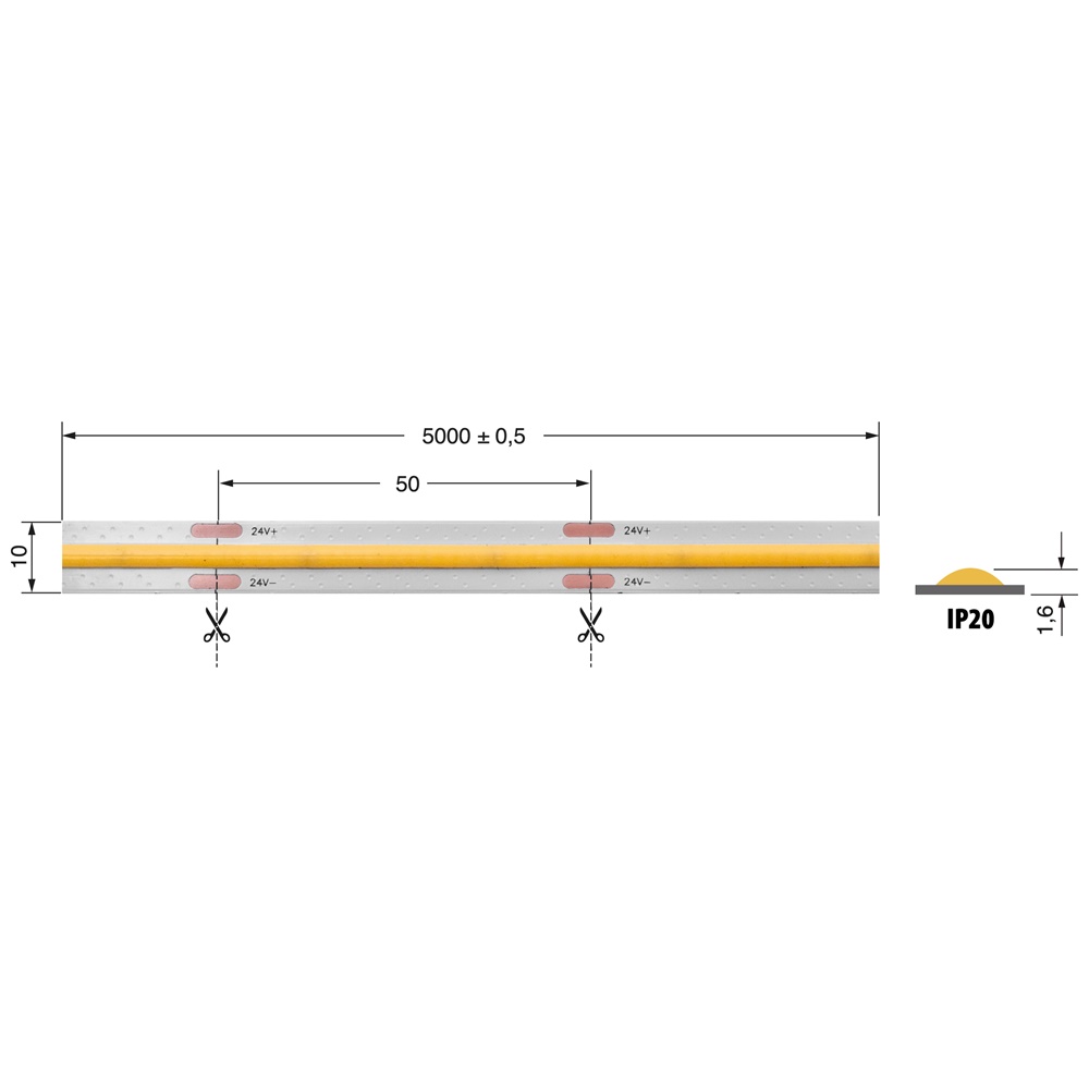 Striscia LED COB 19W/m 24V IP20 CRI90 luce bianco neutro per interni