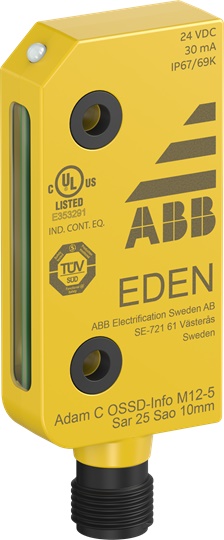 Sensore sicurezza Adam C OSSD-Info con connettore M12-5, IP69K, protezione ambienti harsh