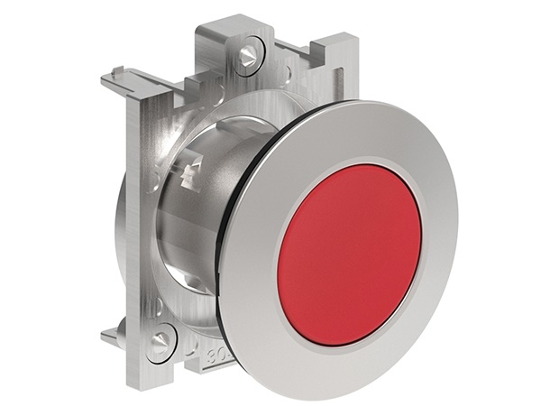 Pulsante a filo metallico rasato rosso design tondo compatto per comandi elettrici industriali e civili