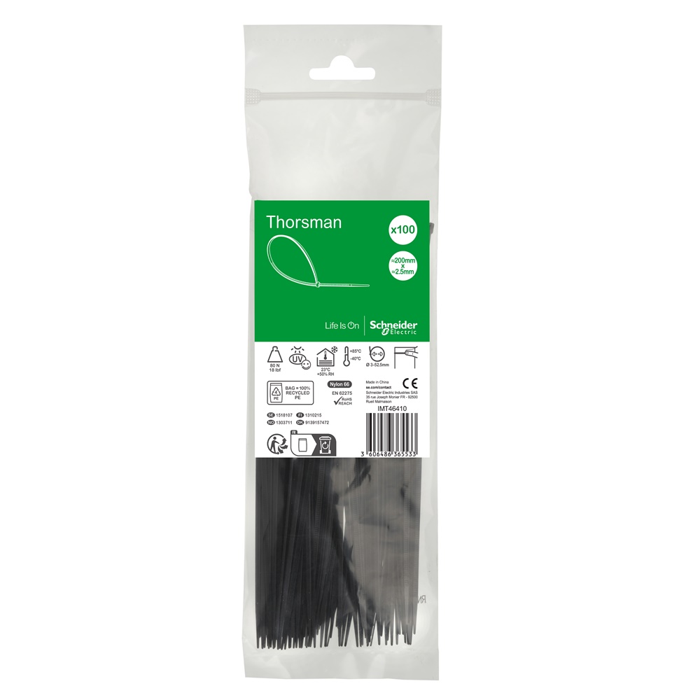 Fascette serracavi 200x2,5 mm nere autobloccanti PA66 UV resistenti 100 pezzi per cablaggio e fissaggio cavi