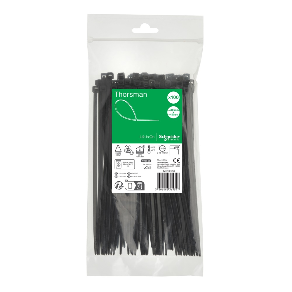 Fascette serracavi nere 200x4,8 mm autobloccanti in poliammide UV resistenti per cablaggio e fissaggio cavi, 100 pezzi