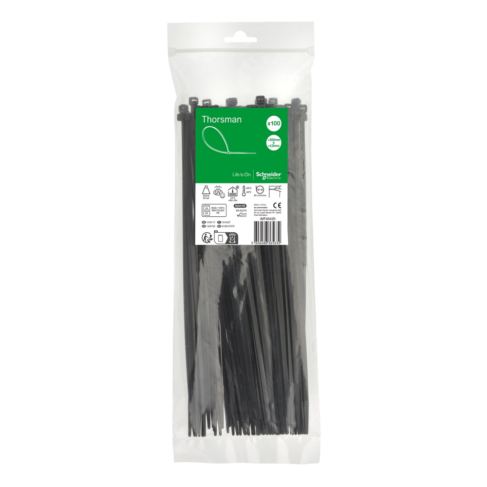 Fascette serracavi autobloccanti 300x4,8 mm nere PA66 UV resistenti uso elettrico e cablaggio industriale, confezione 100 pezzi