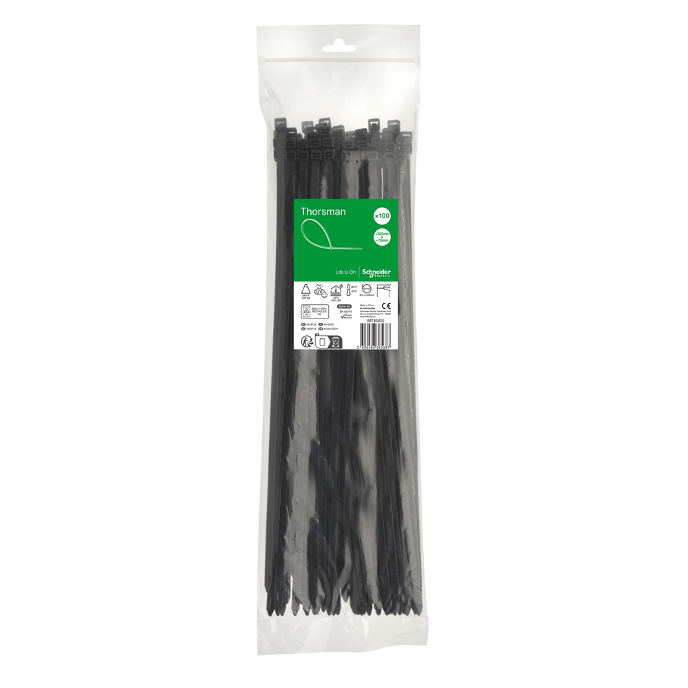 Fascette serracavi autobloccanti 380x7,6mm nere PA66 UV resistenti uso elettrico e industriale, confezione 100 pezzi