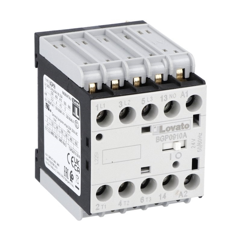 Contattore tripolare 9A AC3 bobina 230VAC 50/60Hz 1NA ausiliario pin retro circuito stampato