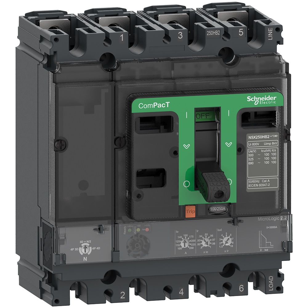 Interruttore ComPacT NSX250HB1 4 poli 250A MicroLogic 2.2 75kA 690VAC uso industriale