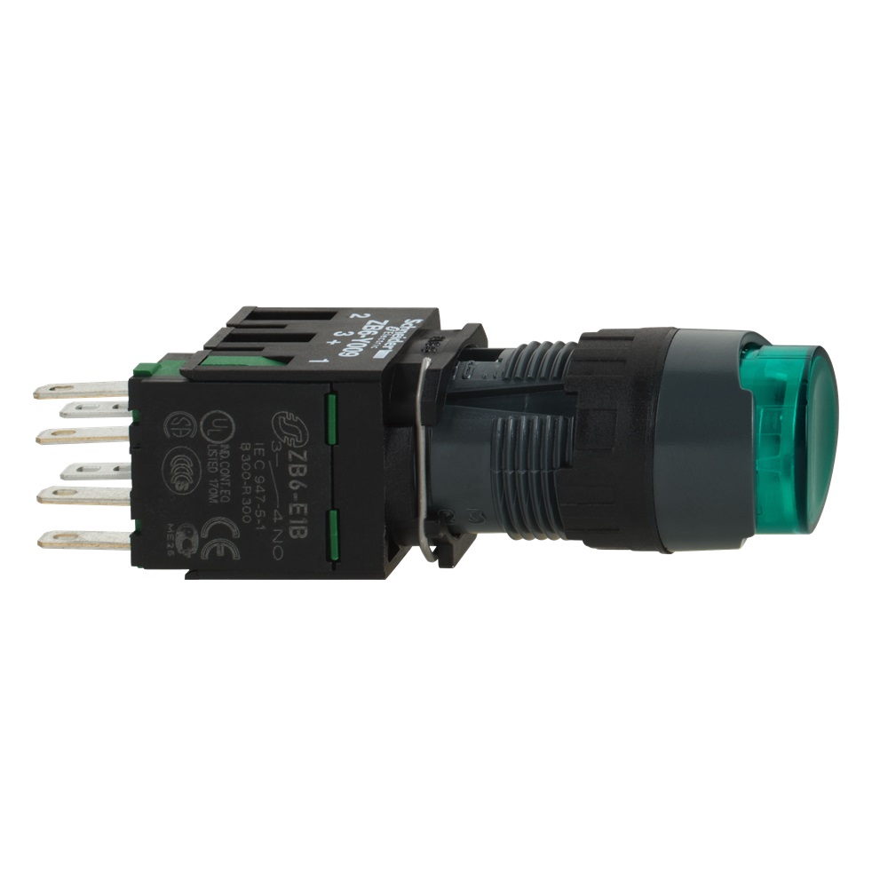 Pulsante luminoso verde Ø16 - SPORGENTE, ad impulso - 24V - 1NO