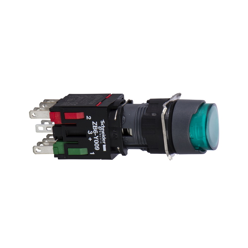 Pulsante luminoso verde Ø16 - SPORGENTE, ad impulso - 24V - 1NO+1NC