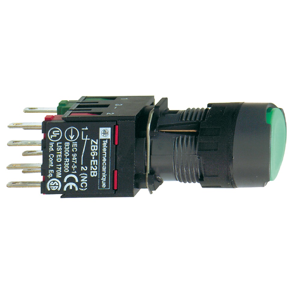 Pulsante luminoso verde Ø16 - ROTONDO, ad aggancio - 12..24V - 1NO+1NC