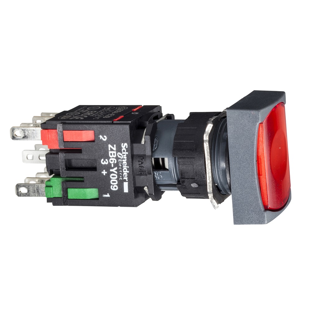 Pulsante luminoso rosso Ø16 - rettangolare ad aggancio - 12..24 V- 1NC