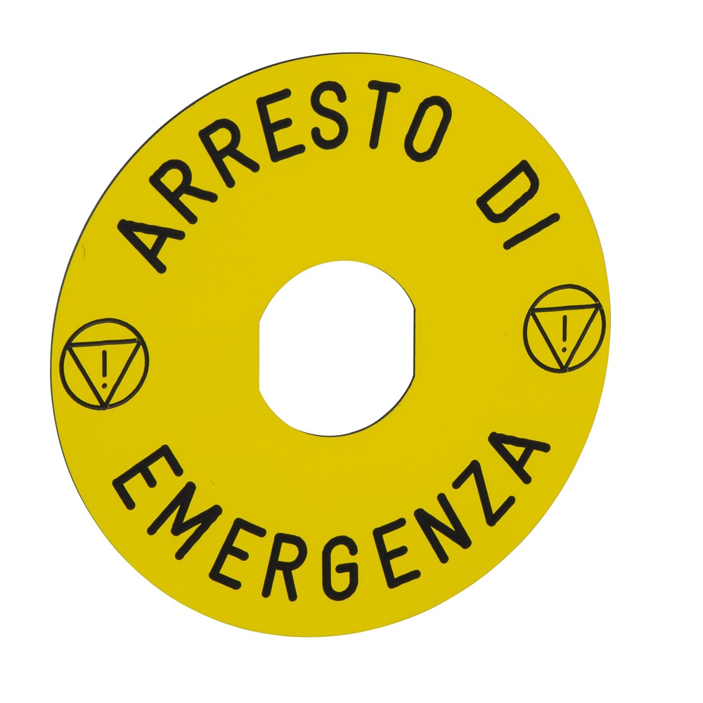 Etichetta circolare Ø90 per arresto emerg. ARRESTO DE EMERGENZA/logo ISO13850