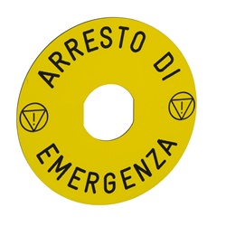 Etichetta circolare Ø90 per arresto emerg. ARRESTO DE EMERGENZA/logo ISO13850