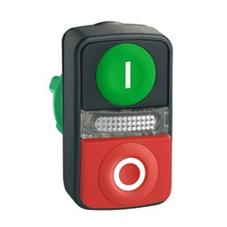 Pulsante doppio luminoso ø22 verde filo/rosso sporgente con marcatura