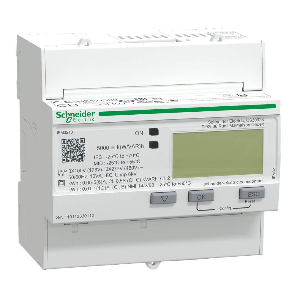 Contatore energia trifase iEM3210 3P+N con TA, uscita impulsi digitale, display LCD, Modbus, uso industriale e civile