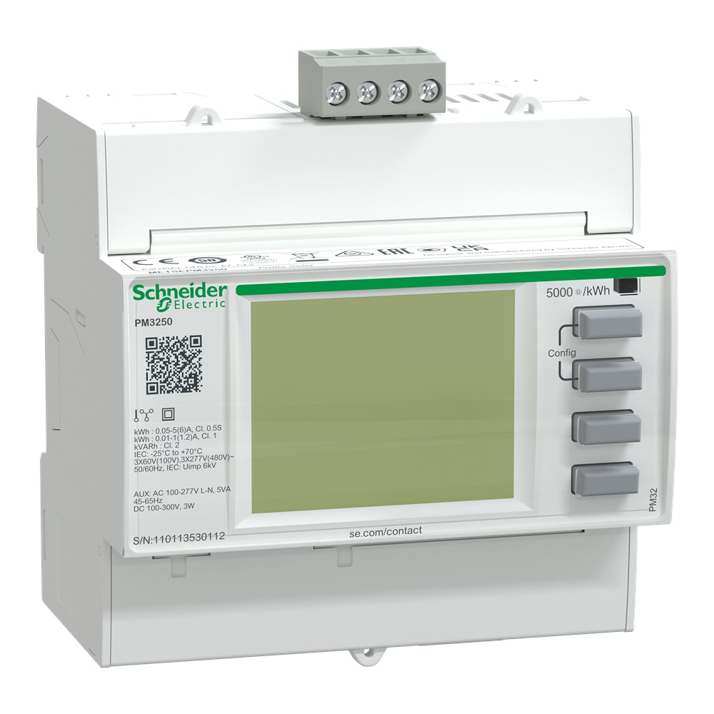 Multimetro PM3250 montaggio su guida DIN, display LCD, Modbus RTU, misura energia, potenza, THD, allarmi, 1-5A, 50/60Hz, trifase/monofase