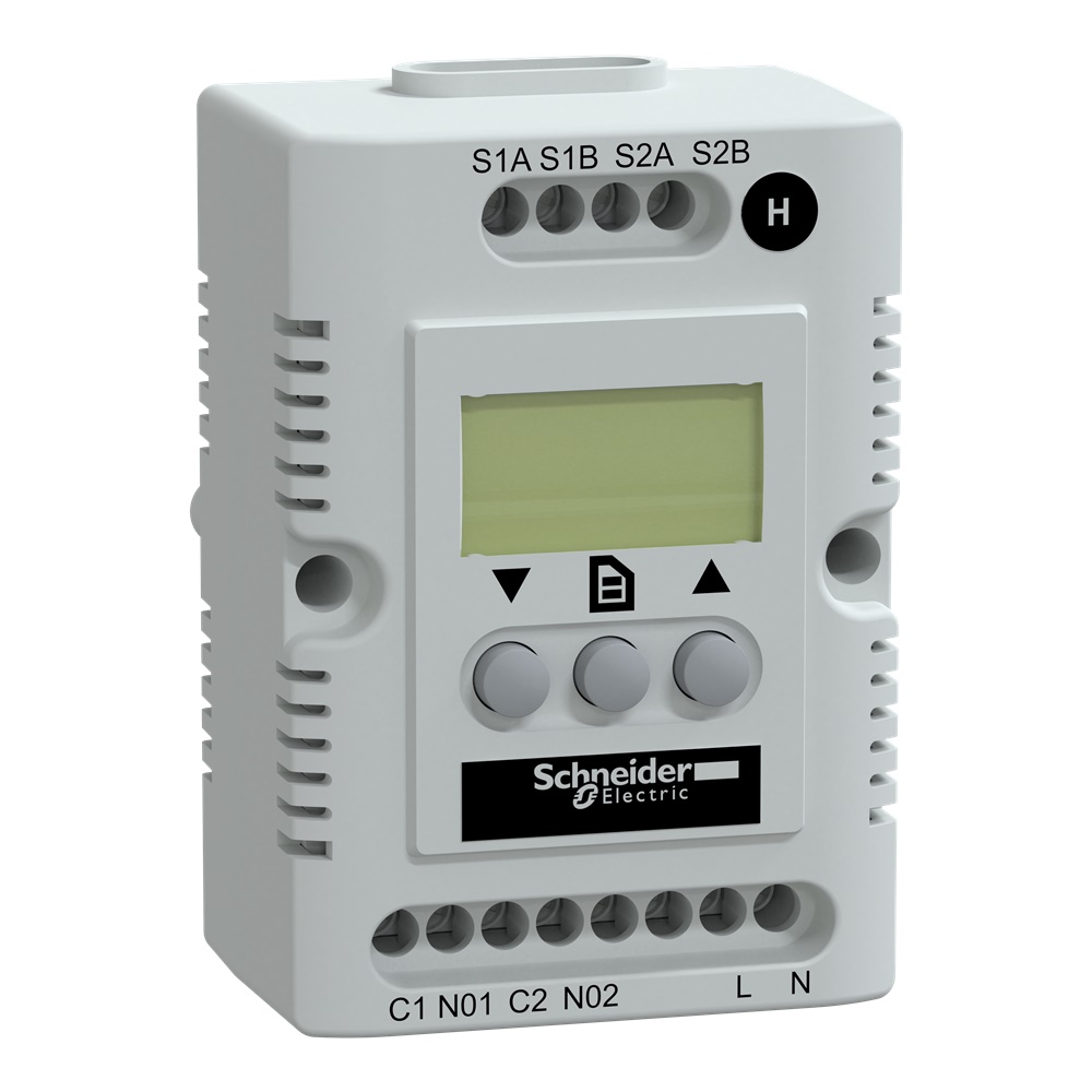 Igrostato elettronico Climasys CC 230V con schermo OLED, umidità relativa 20-80%, 2 uscite riscaldamento, montaggio guida DIN