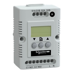 Igrostato elettronico Climasys CC 230V con schermo OLED, umidità relativa 20-80%, 2 uscite riscaldamento, montaggio guida DIN