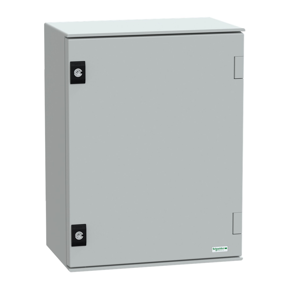 Cassetta in poliestere montata a parete, Thalassa PLM, porta piena, con piastra metallica, 430x330x200mm, IP66, IK10, RAL 7035