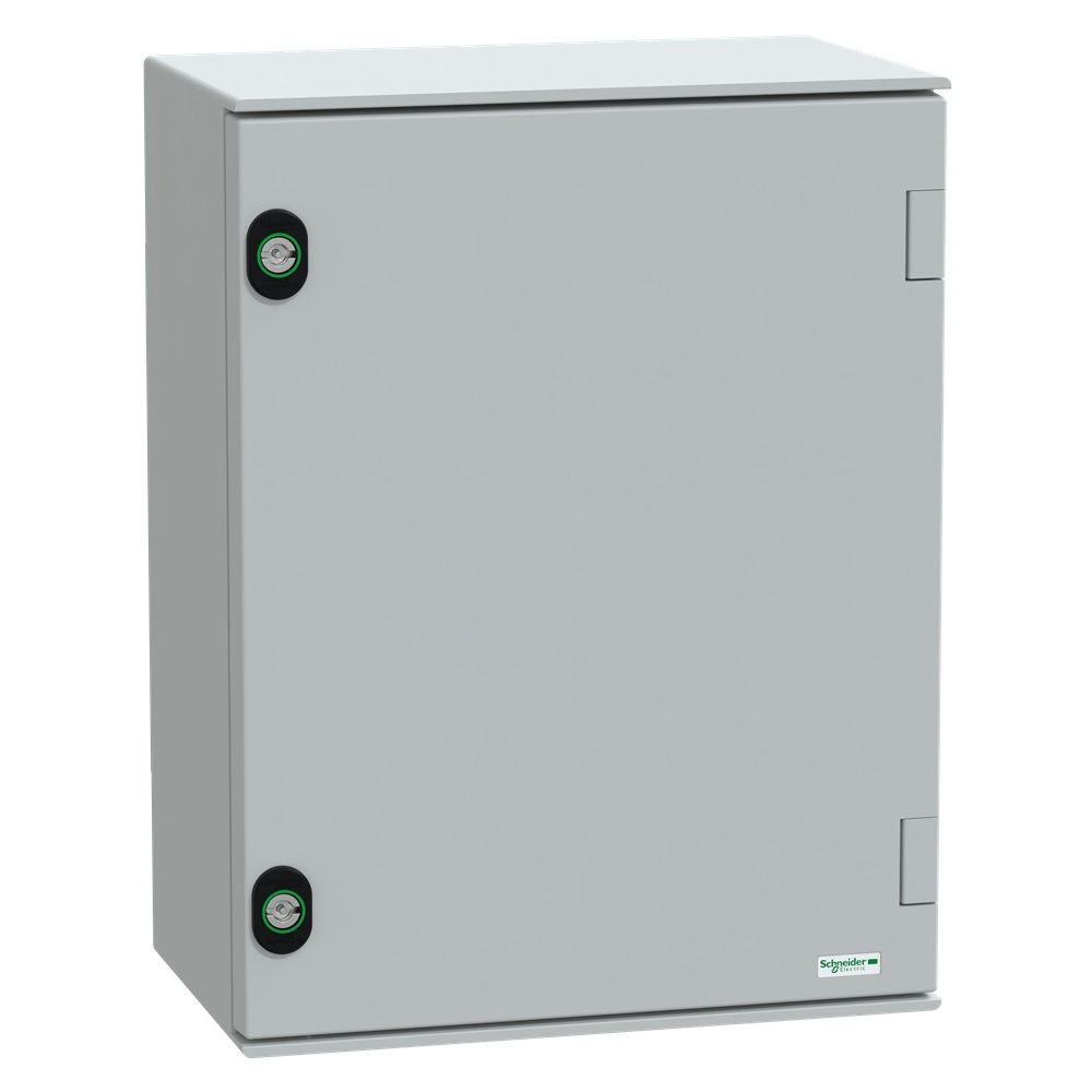 Cassetta in poliestere montata a parete, Thalassa PLM, porta piena, con piastra metallica, 430x330x200mm, IP66, IK10, RAL 7035