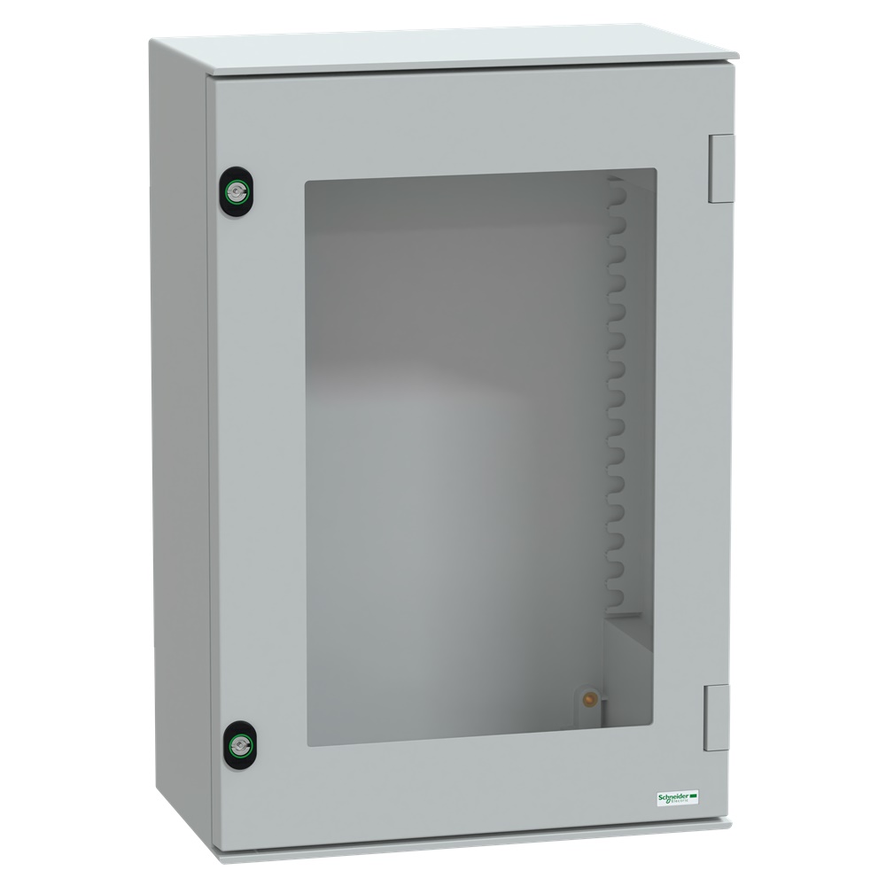 Cassetta a parete poliestere rinforzato 647x436x250mm IP66 IK08 porta trasparente grigio RAL 7035 per impianti elettrici industriali e civili
