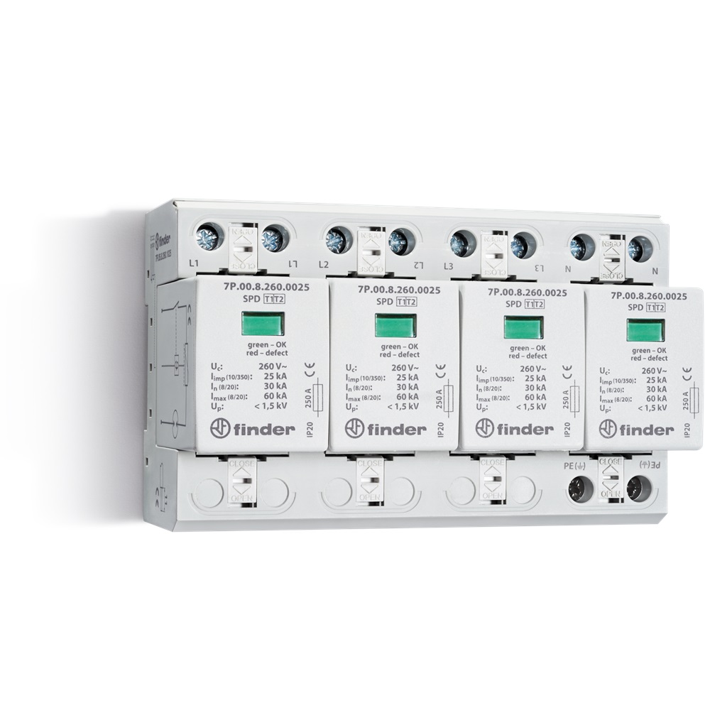 Scaricatori di sovratensione 260 V Max (Uc) per SPD Tipo 1+ 2 (per UN = 230-240 V AC) 25 kA (I Tipo 1+2)
