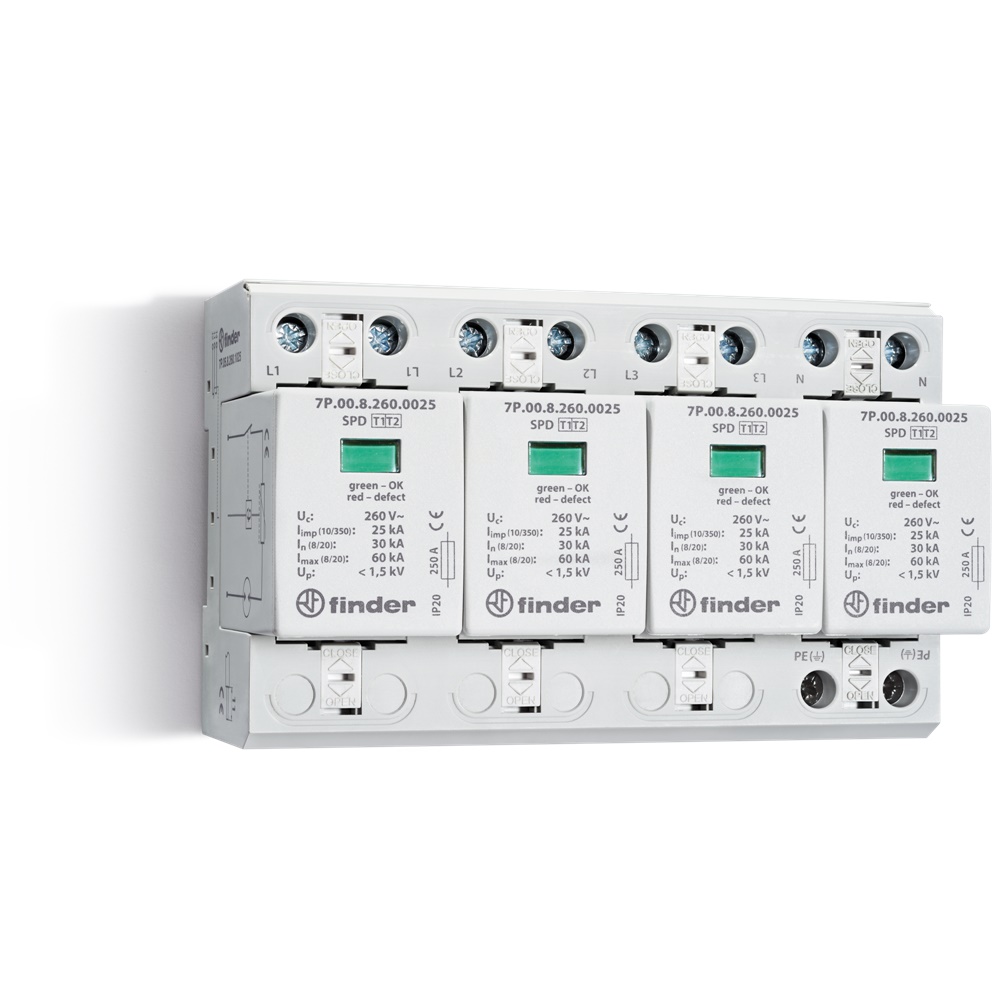 Scaricatori di sovratensione 260 V Max (Uc) per SPD Tipo 1+ 2 (per UN = 230-240 V AC) 25 kA (I Tipo 1+2)
