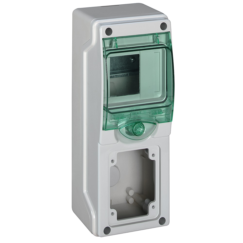 MiniQuadro Mureva IP65 4 moduli 1 presa incasso portella verde trasparente