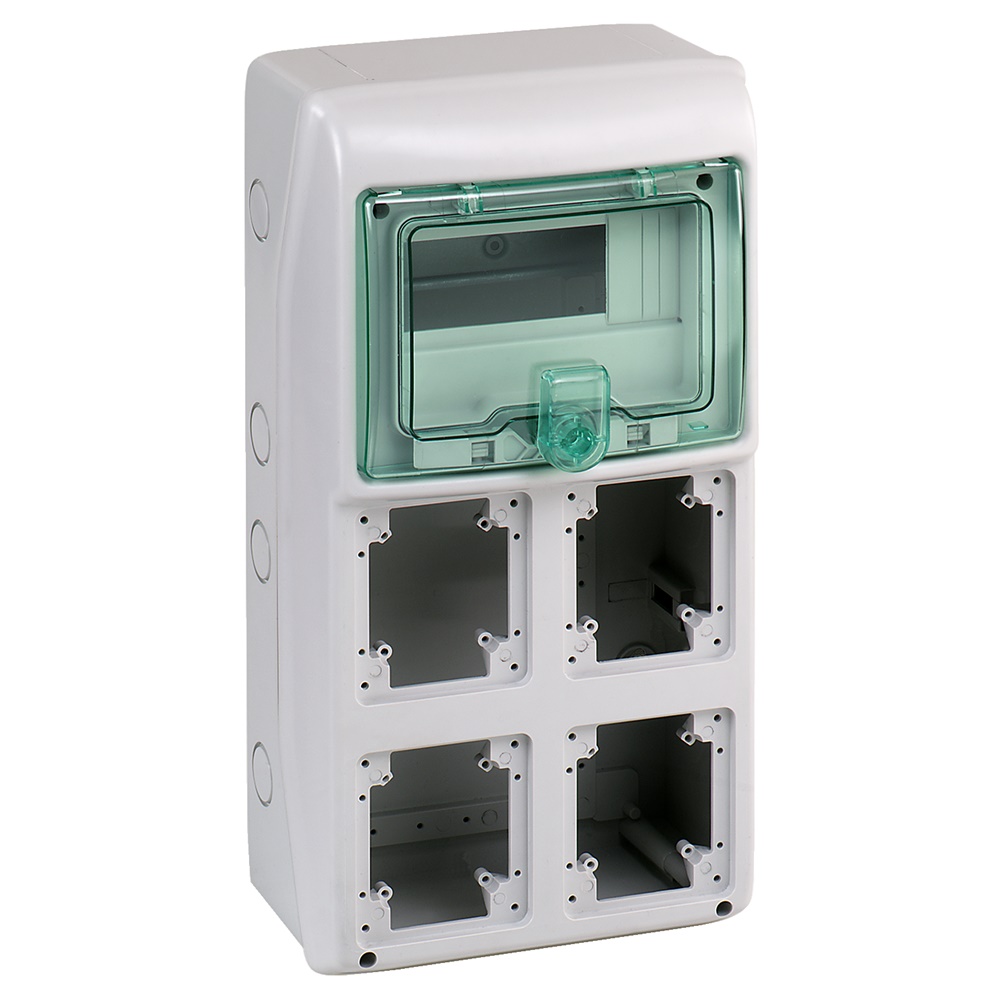 Quadro Mureva IP65 8 moduli 4 prese incasso portella verde trasparente uso industriale
