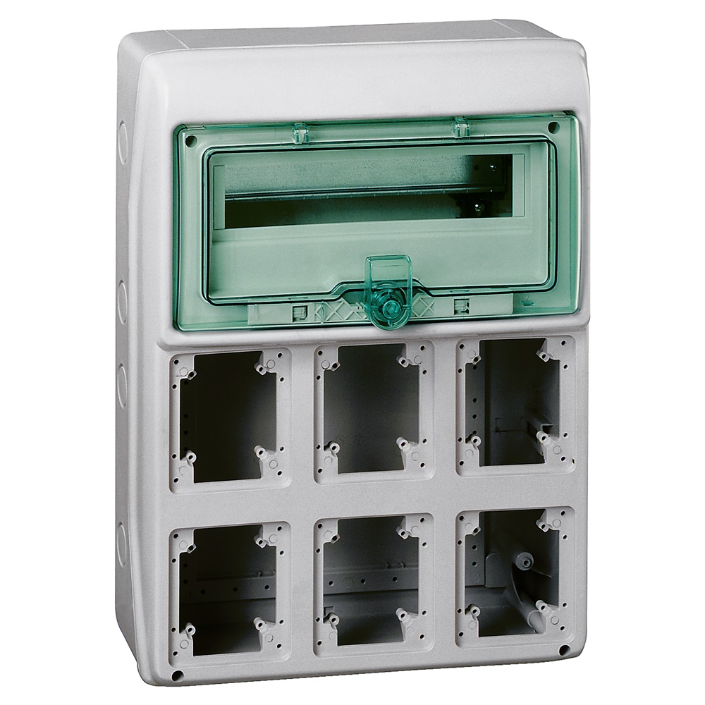 Quadro Mureva IP65 13 moduli 6 prese incasso portella trasparente grigio