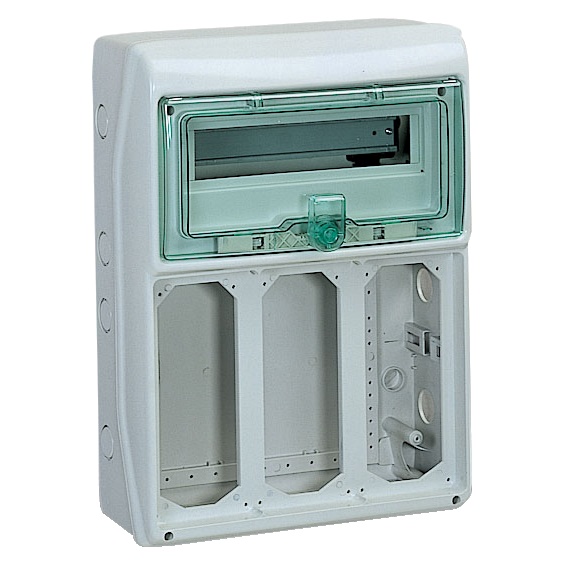 Quadro Mureva IP65 13 moduli 3 prese interbloccate portella verde trasparente uso industriale