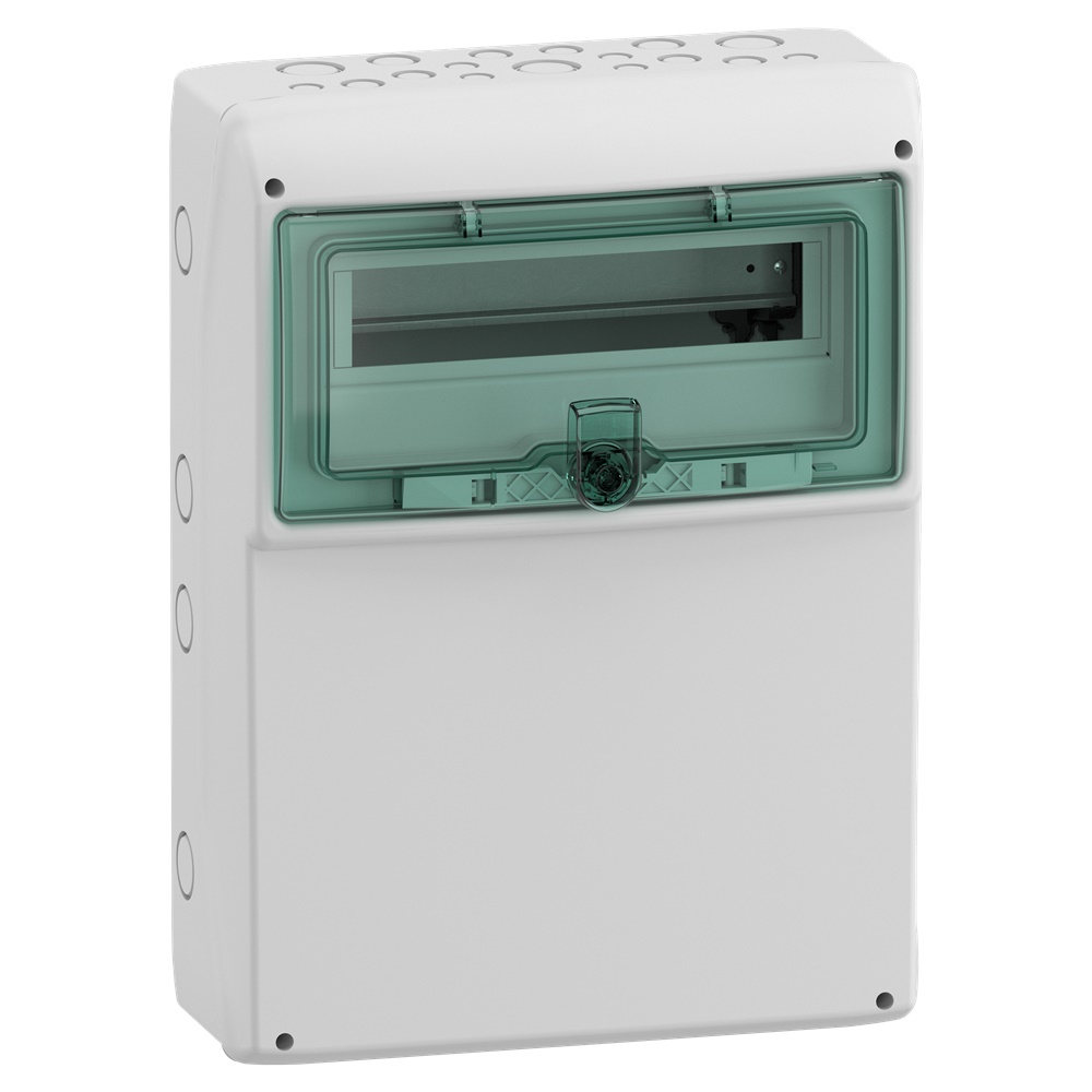 Quadro Mureva IP65 12+1 moduli con pannello universale portella verde trasparente