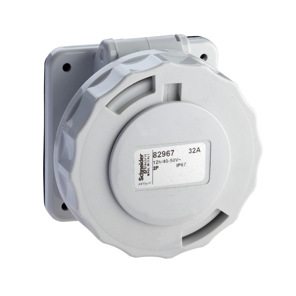 Presa fissa industriale IP67 2 poli 32A 48V 50Hz incasso quadro grigio chiaro