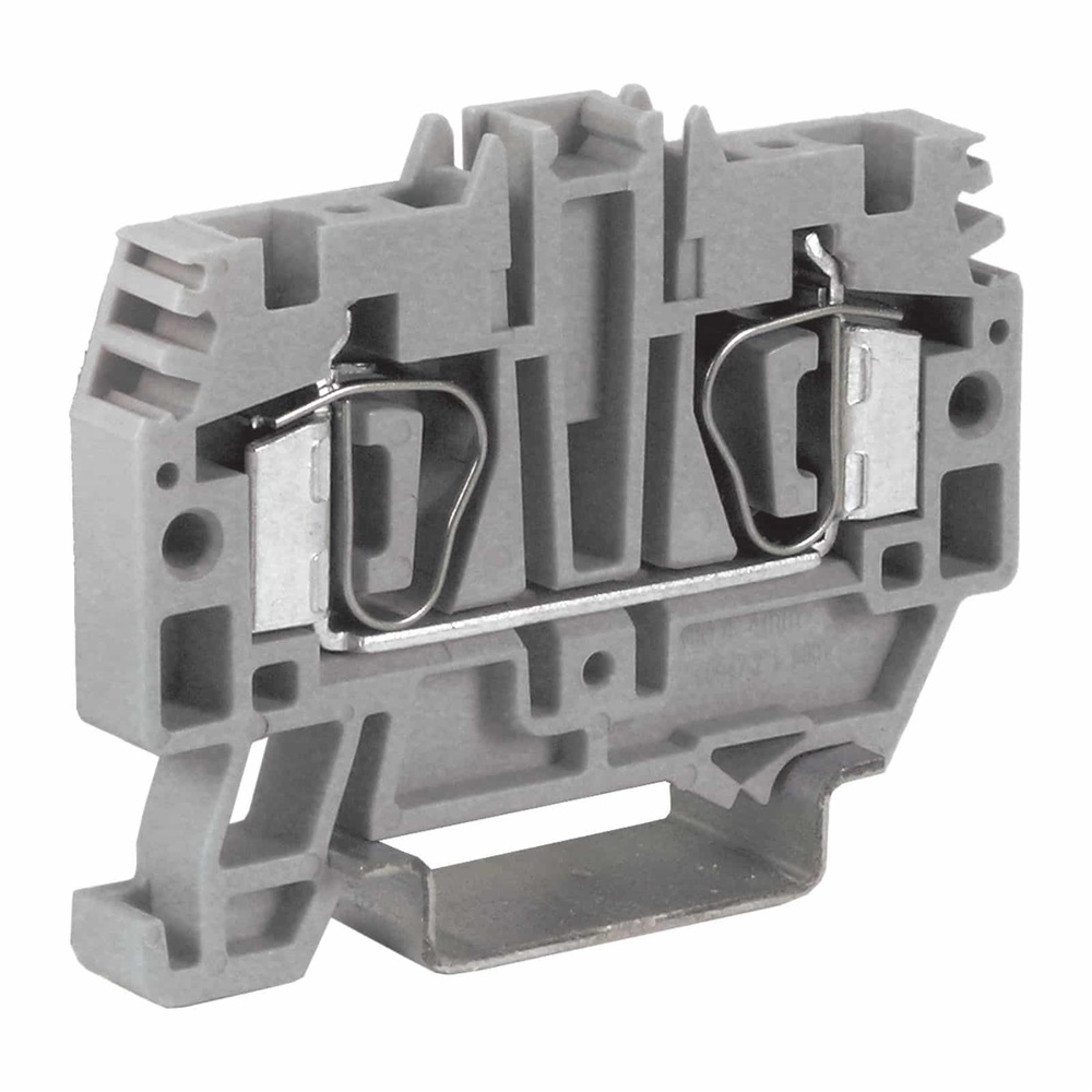 Morsetto passante a molla 4mm² grigio compatto per connessioni elettriche sicure su guida DIN